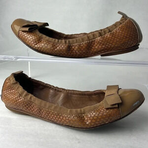 Tory Burch Leather/Fabric Bow Accent Ballet Slip-On Flats Brown Tan Size 9M